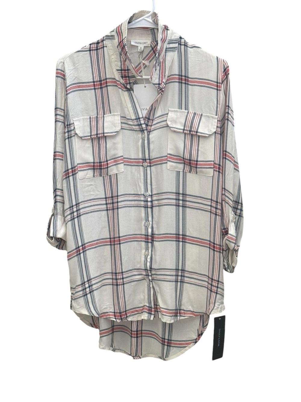 Olivia Grey Plaid Rayon Button Blouse Small  casual preppy chic everyday Airy